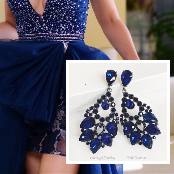 Prom Pageant Bridal Jewelry - Blue Crystal Chandelier Event Pageant Earrings